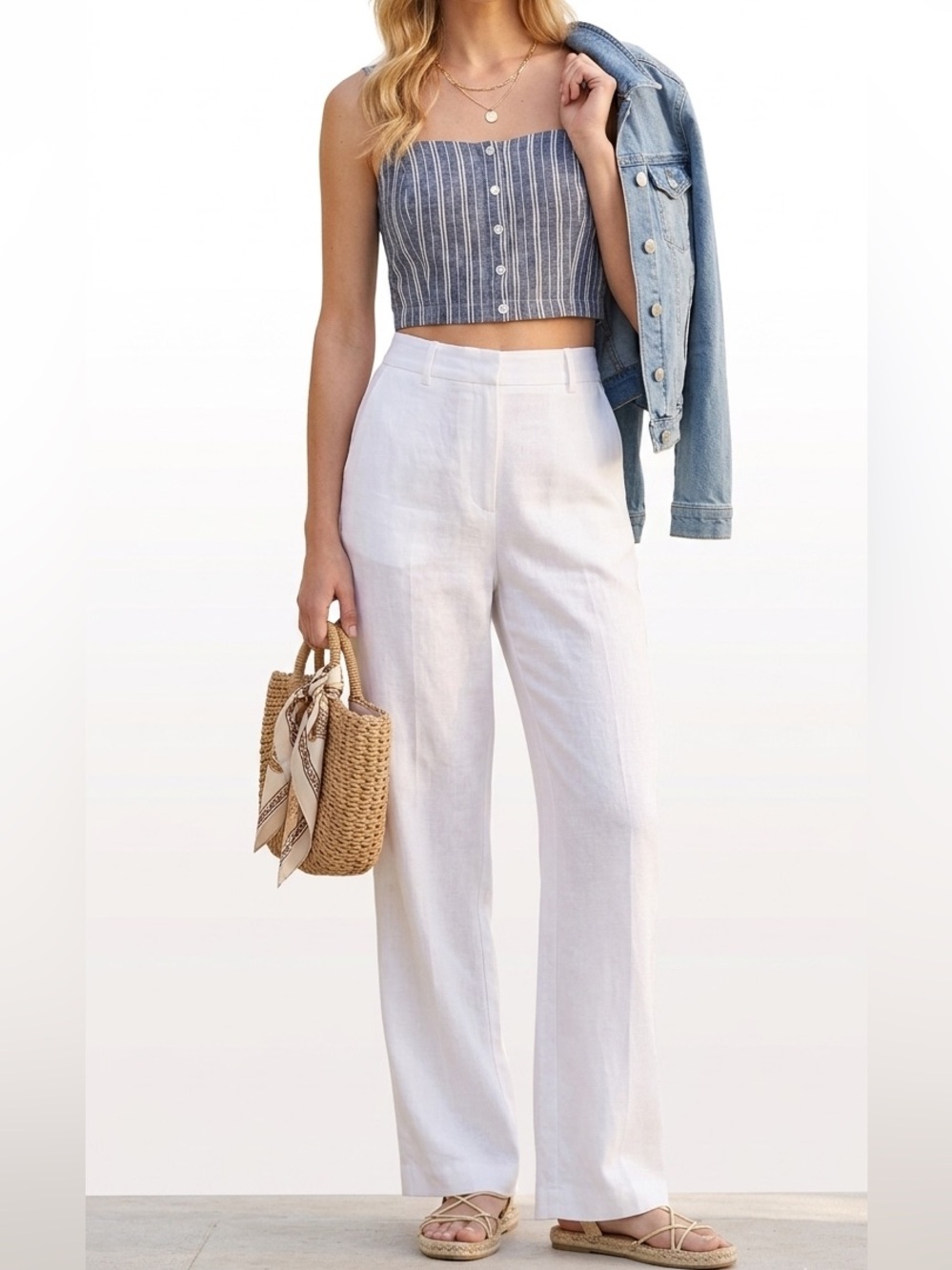 Linen & Cotton Nautical Blue & White  Striped Crop Top Size Small